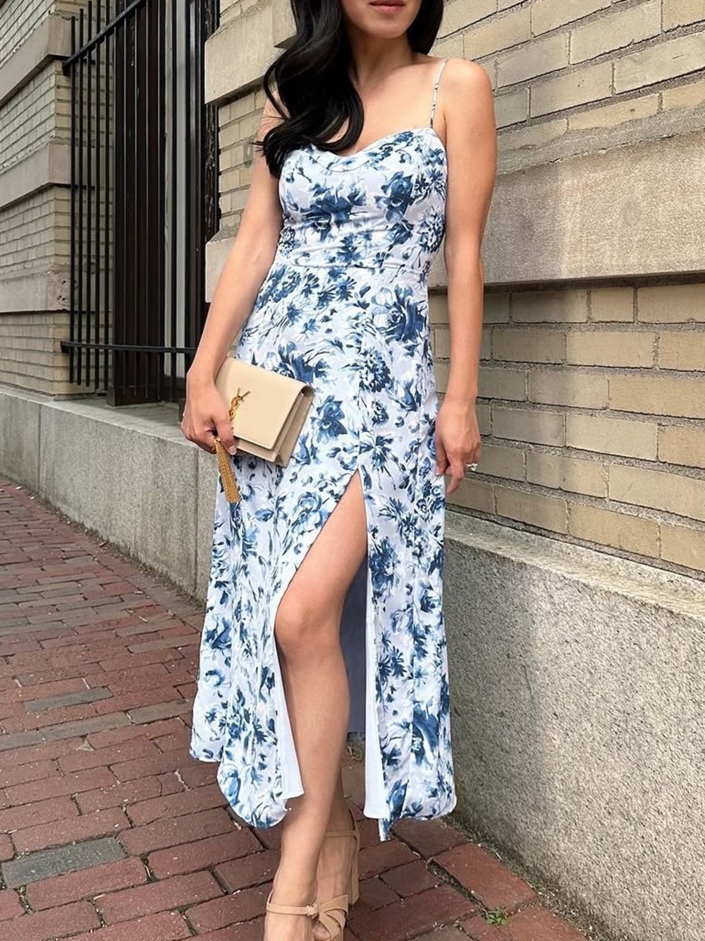 The A&F Camille Midi Dress Blue Floral High Slit Size Small NWT - Picture 3 of 9